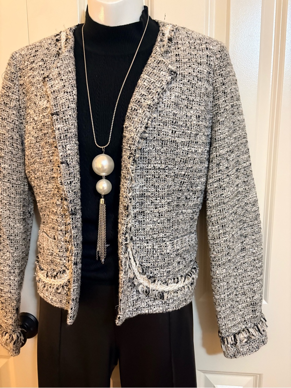 Textured Bouclé Open-Front Jacket - Gray, size small